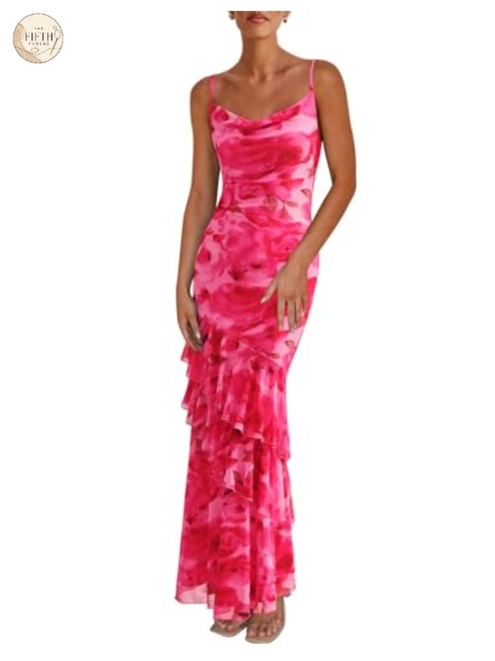 Boho Floral Tiered Maxi Dress Sleeveless Cowl Neck Ruffle Summer
